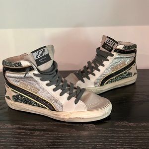 Golden Goose Slides Black/Silver/Green Leather Glitter Sneakers EUR 38